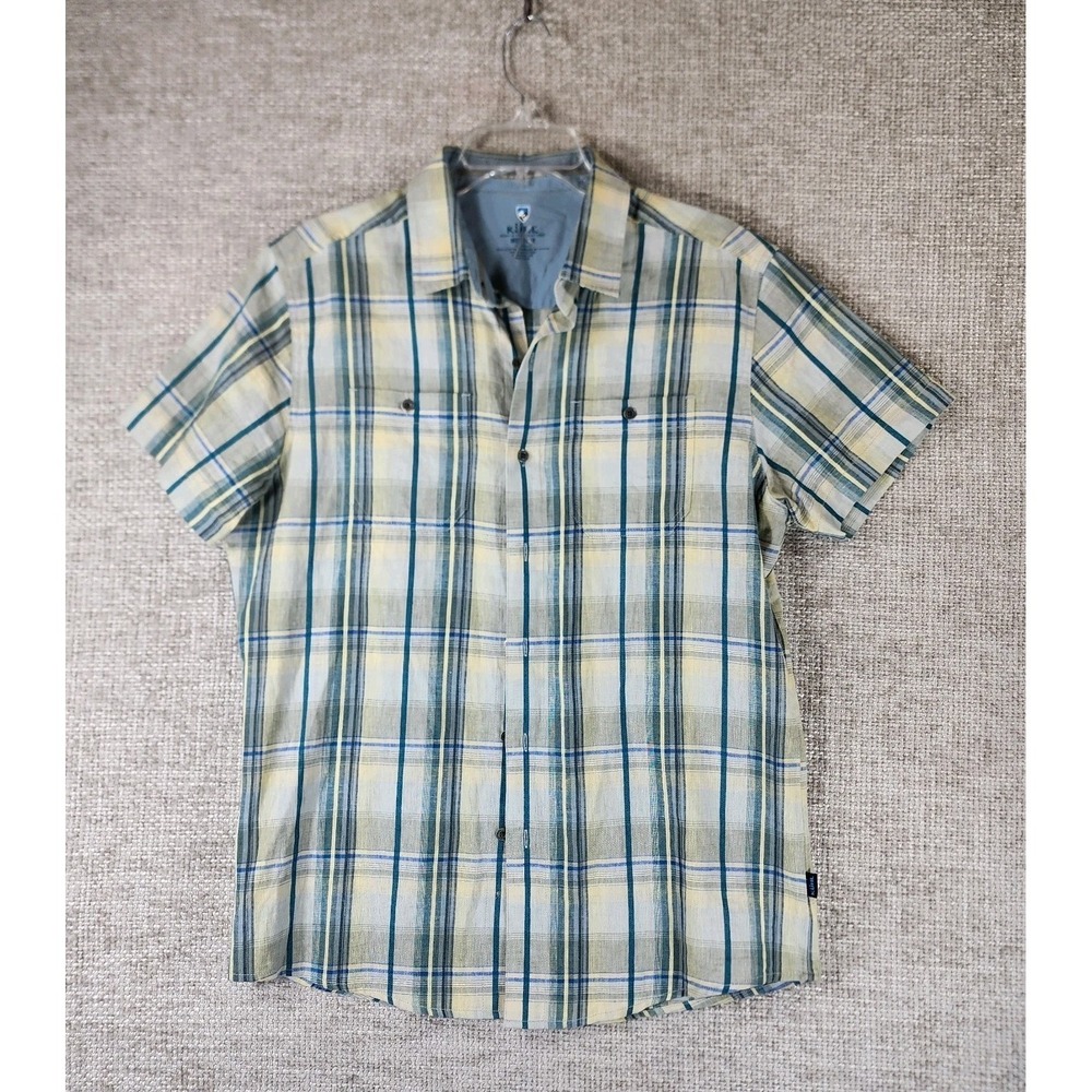 Kuhl Linen Cotton Blend Shirt Mens M Blue Yellow Plaid Short Sleeve 7277 EUC